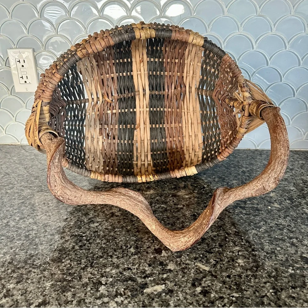 Vintage X LARGE Primitive Woven Melon Gathering Basket God’s Eye W Branch Handle